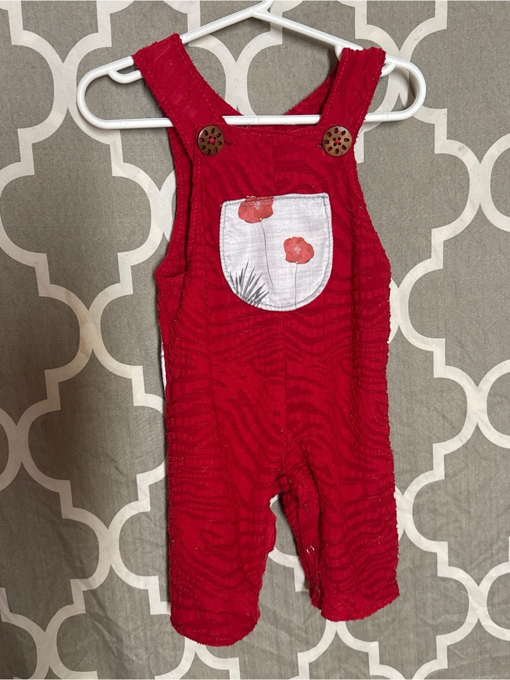 Red Textured Poppy Pocket Overalls / Romper Handmade Vintage 18-24m